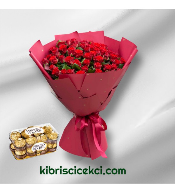 61 Kırmızı Gül Buketi 16'lı Ferrero Çikolata